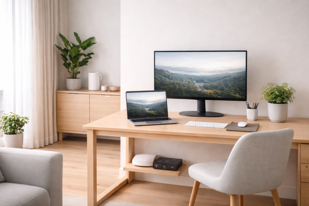 Heimarbeitsplatz und Remote-Work-Netzwerkeinrichtung